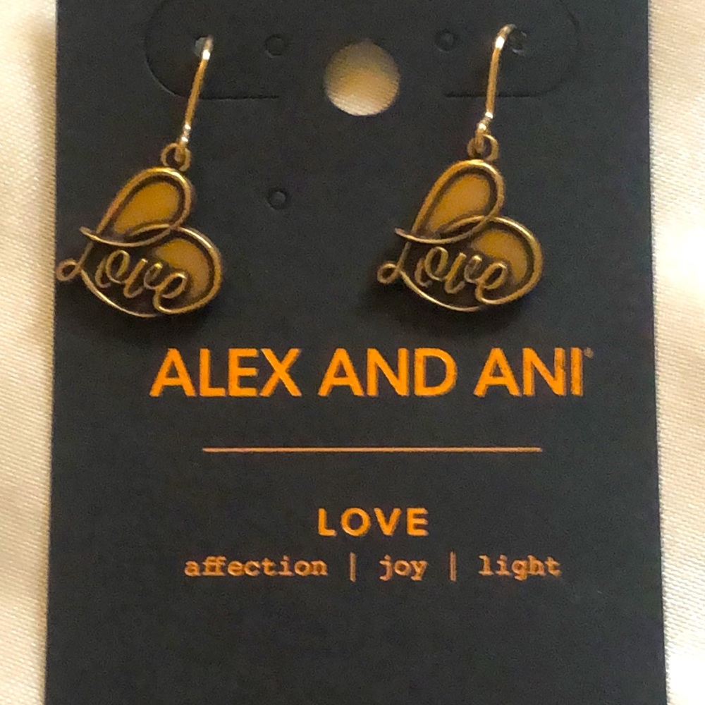 Alex And Ani Gold Tone Love Script Heart Drop Earrings NWT